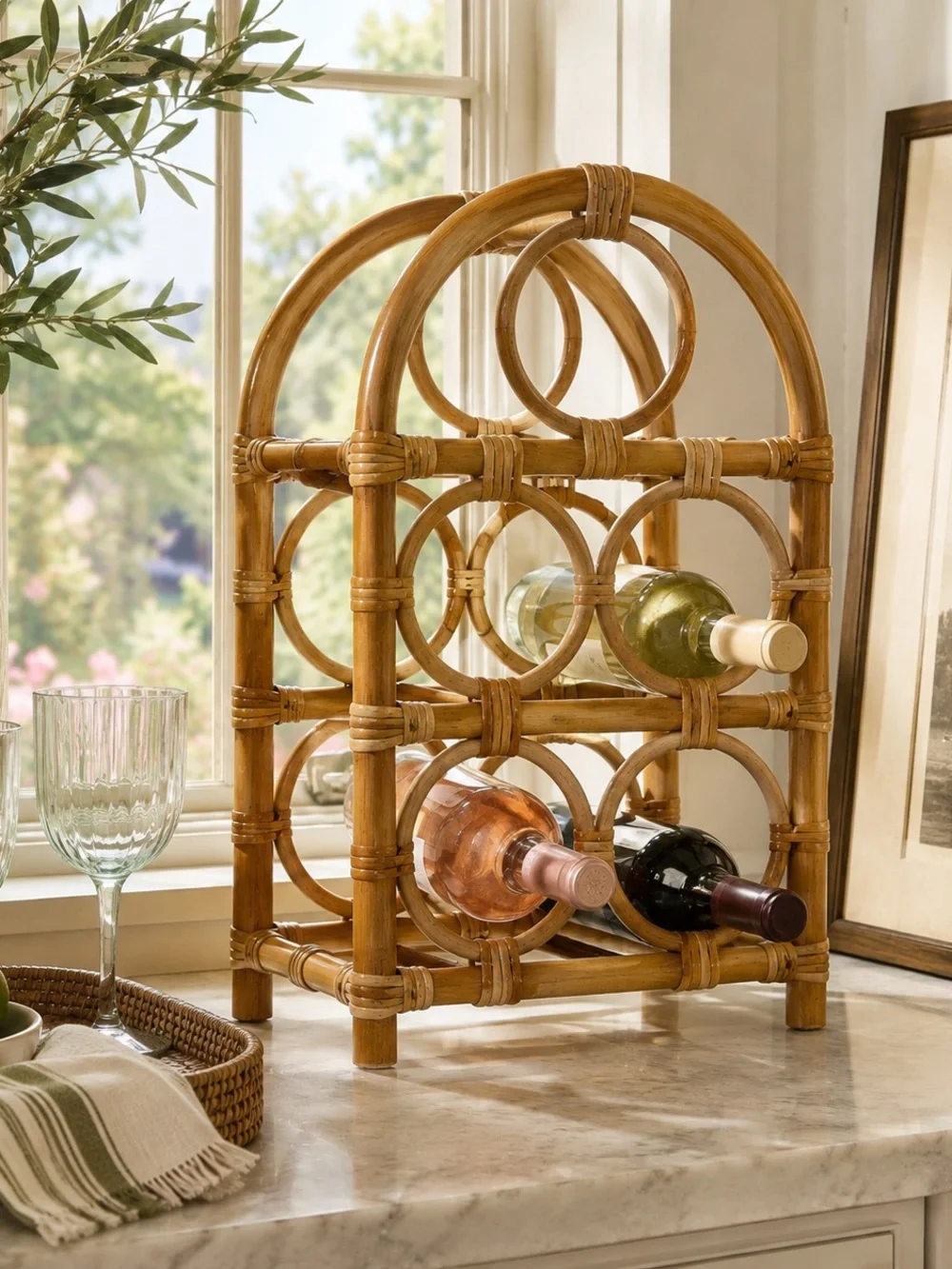 Vintage Rattan Wine Rack Bottle Holder | Holds 5 Bottles